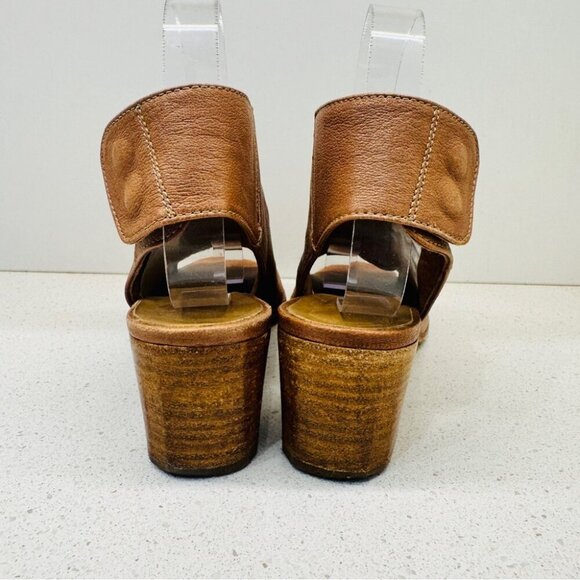 Mimosa Tan Camel Genuine Soft Leather Shoes Peep Toe Stacked Heel Sandals Sz 37 - Picture 4 of 15